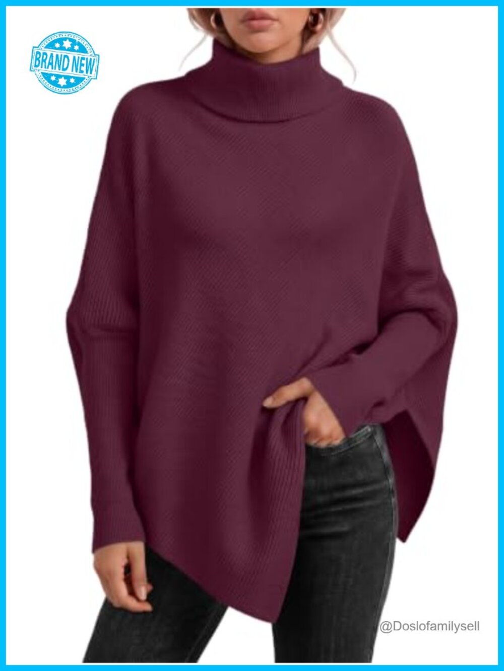Womens Oversized Turtleneck Sweater Batwing Long Sleeve Asymmetric Poncho